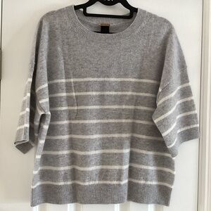 Magaschoni 100% Cashmere Short Sleeve Heather Gray Sweater Top White Stripes